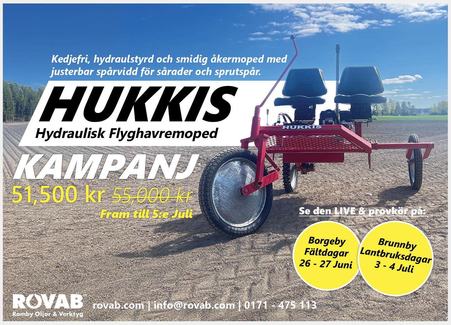 En kampanjbild på HUKKIS flyghavremoped som används för persontransport över växtlighet eller känsliga grödor.